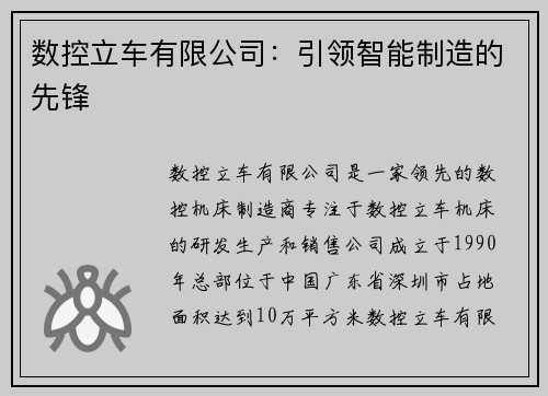 数控立车有限公司：引领智能制造的先锋